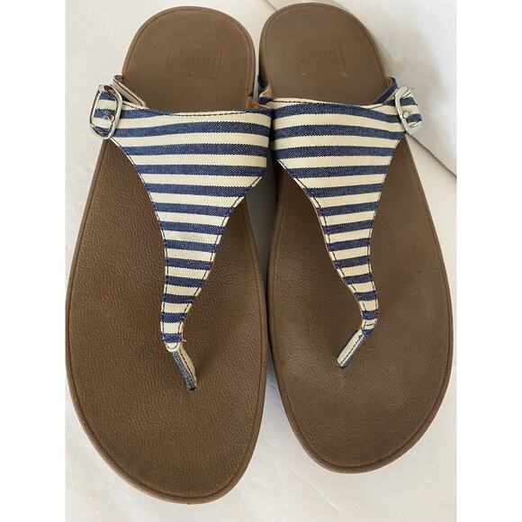 Fit Flop Blue Denim & White Stripe Thong Sandals Sz Us 11 Micro Wobble board - Picture 1 of 8